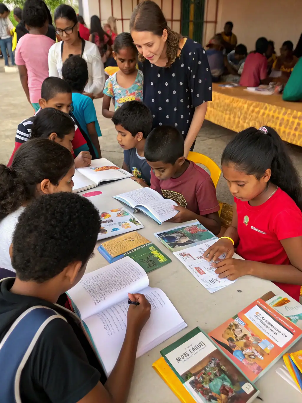 A photograph of a diverse group of people actively participating in a literature workshop, with books and writing materials scattered around the tables, fostering a sense of community and intellectual engagement.