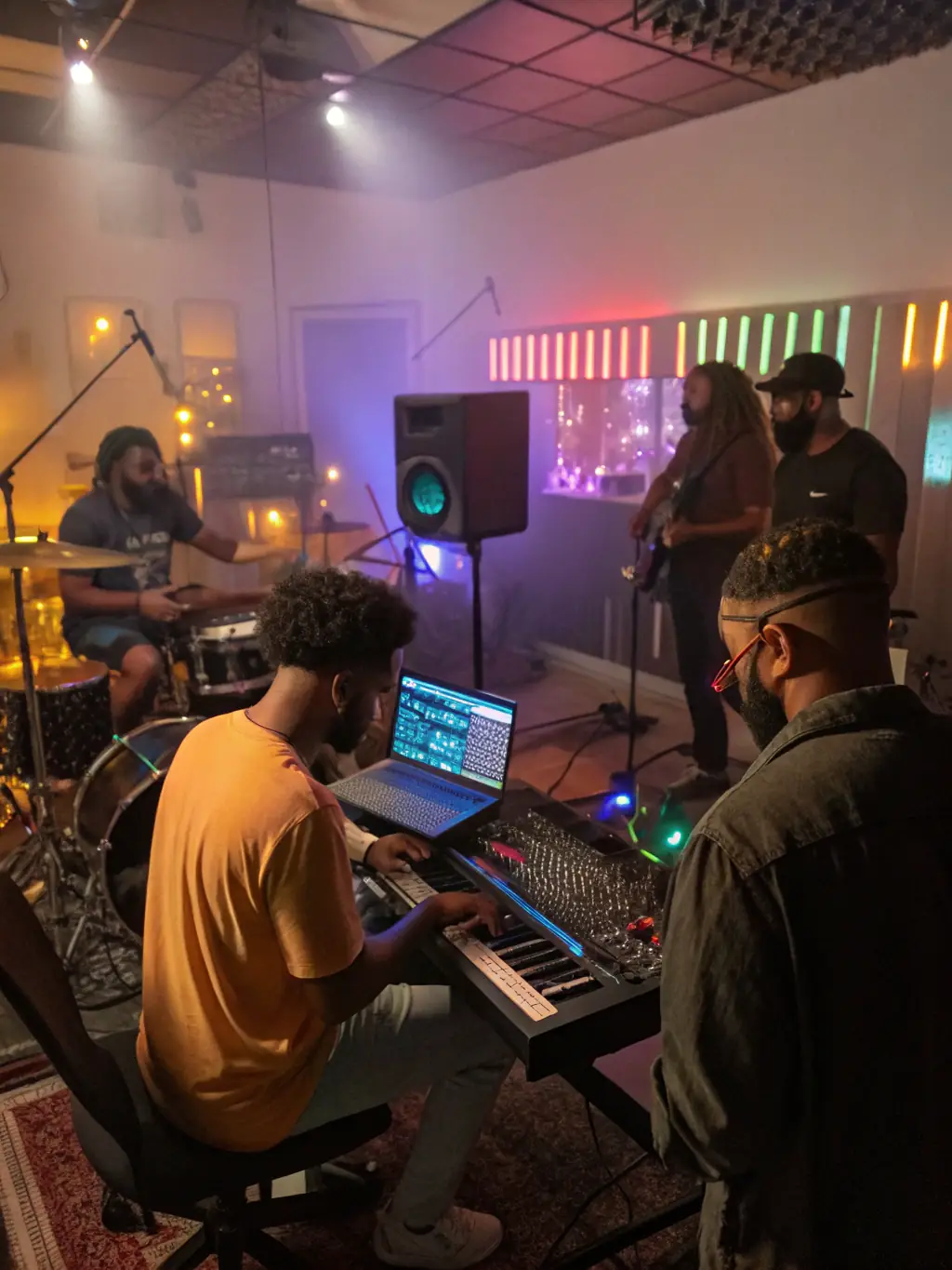 A dynamic shot of a music and digital arts workshop, featuring young artists experimenting with sound and technology, demonstrating LES PASSEURS' dedication to innovative artistic expression.
