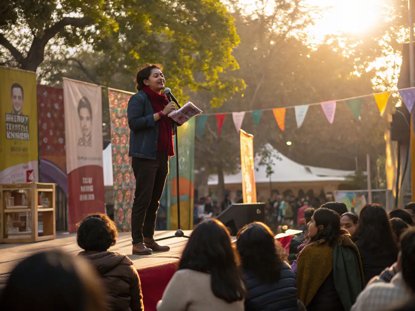 A vibrant image depicting a literature festival, with authors engaging in readings and discussions, capturing the essence of literary arts promotion.