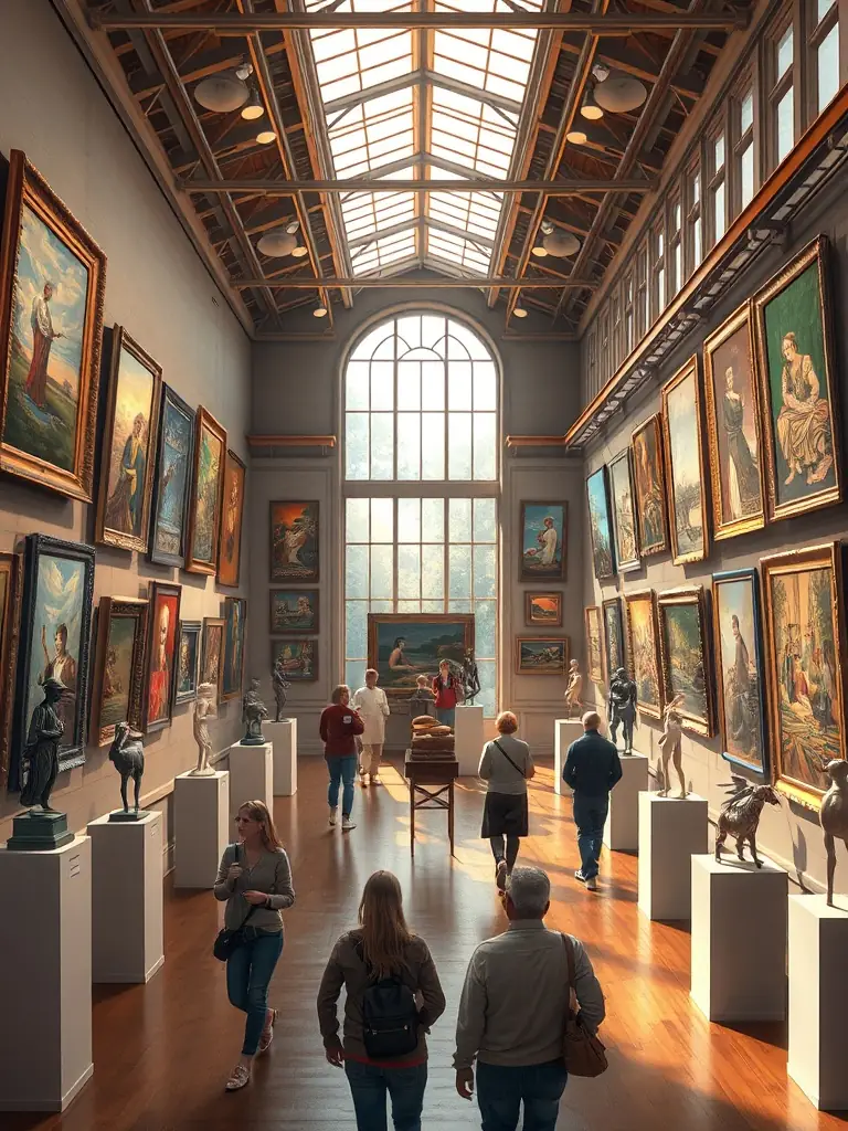 A vibrant image capturing an art exhibition, showcasing various paintings, sculptures, and mixed media installations, with visitors appreciating the diverse artistic expressions.
