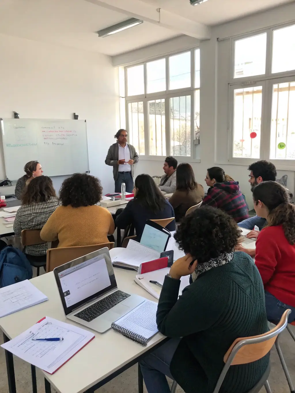 A photograph capturing a lively literature workshop in session, with participants actively engaged in writing exercises and discussions, reflecting LES PASSEURS' commitment to literary arts.