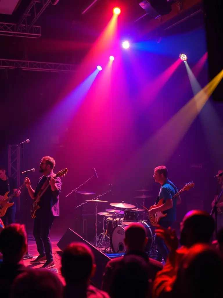 A dynamic shot of musicians performing on stage during a live music event, with colorful lighting and enthusiastic audience members, highlighting the energy and passion of musical performances.