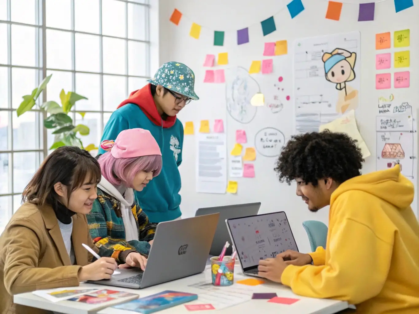 A dynamic image of a music and digital arts workshop, with young artists experimenting with music production and digital tools, reflecting the organization's commitment to youth development.