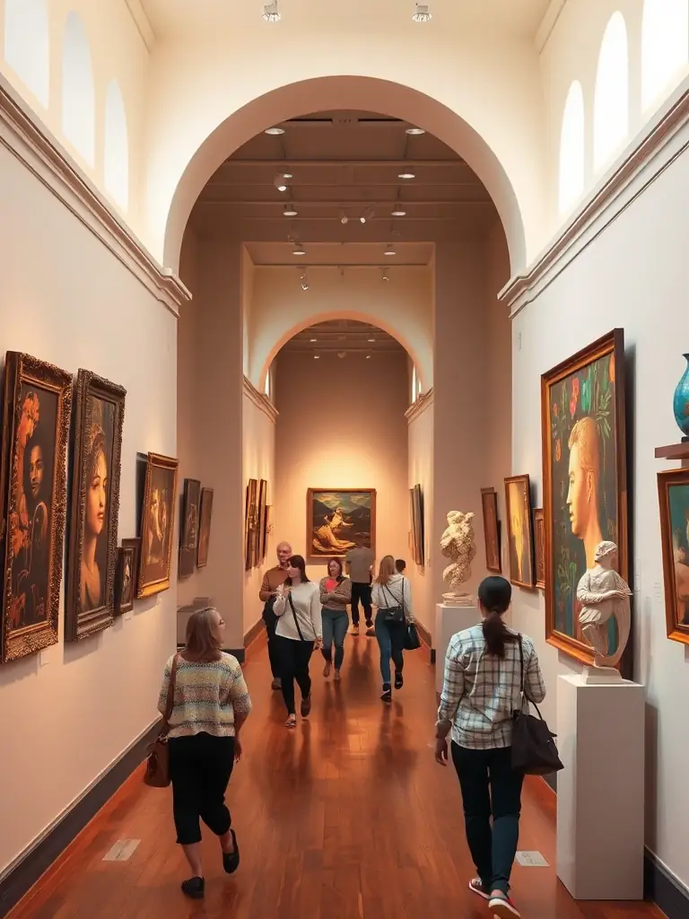 A vibrant image of a visual arts exhibition showcasing diverse artworks, with attendees appreciating the creativity and innovation on display, highlighting LES PASSEURS' support for visual artists.